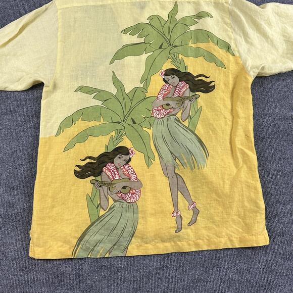 Tommy Bahama Shirt Mens Large Yellow 100% Linen Hawaiian Hula Ukulele Aloha - Picture 7 of 12